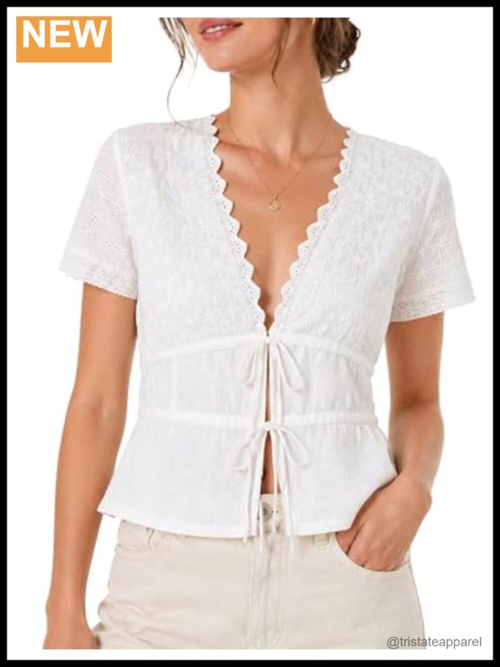 Boho Tie Front V Neck Short Sleeve Eyelet Sheer Blouse Flowy Lace Top